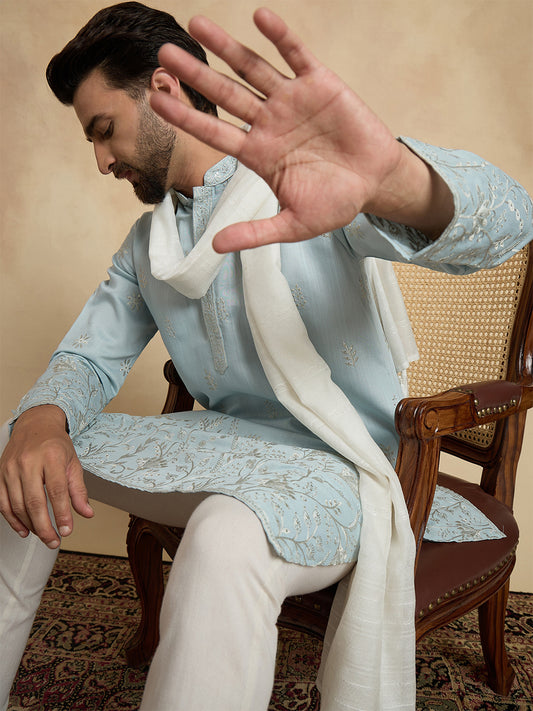 Ethnic Bay Men Blue Silk Blend Solid Embroidered Straight Kurta Sets MKUD1785