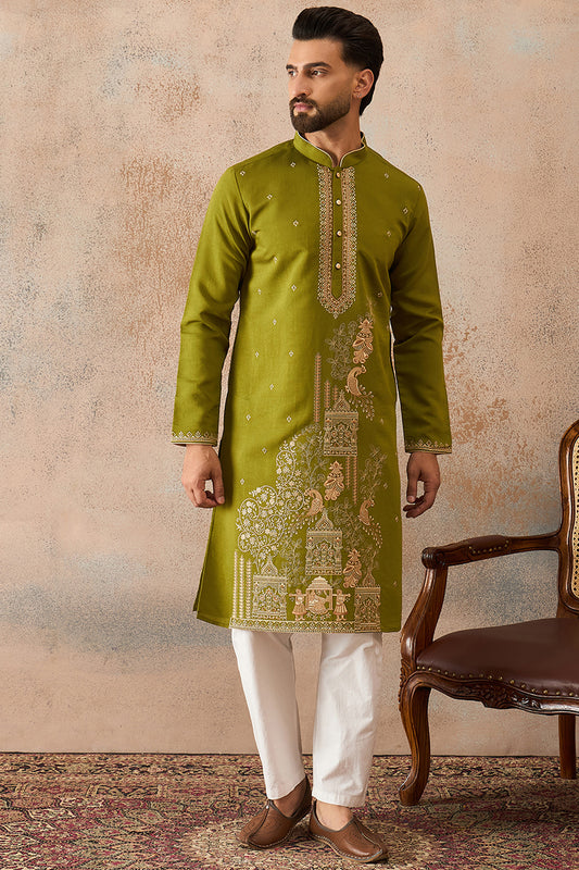 Ethnic Bay Mens Green Viscose Rayon Solid Emboidered Straight Kurta MKU2208