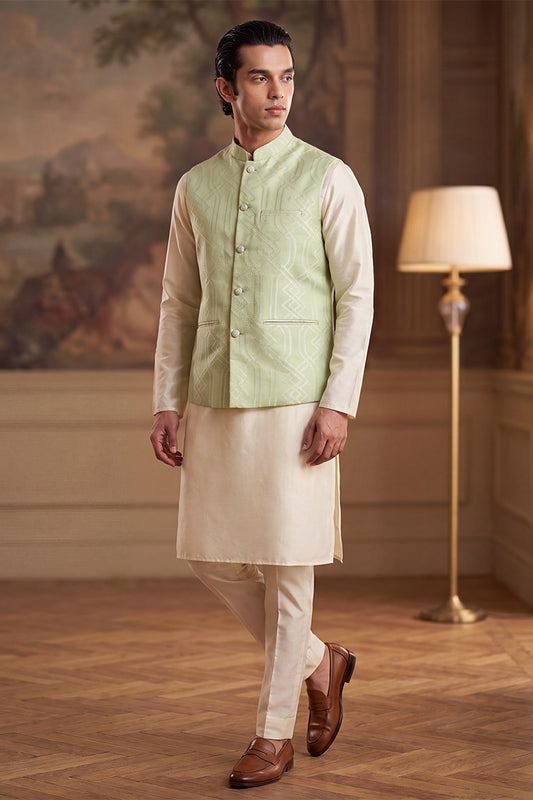 Ethnic Bay Mens Green Jacquard Woven Design Solid Koti MKOT1039