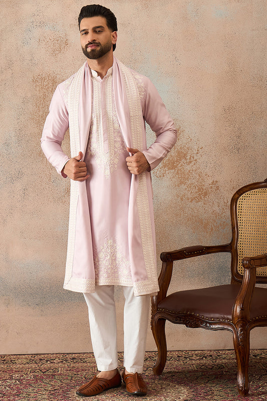Ethnic Bay Mens Lavender Silk Blend Solid Embroidered Kurta With Dupatta MKUD1038