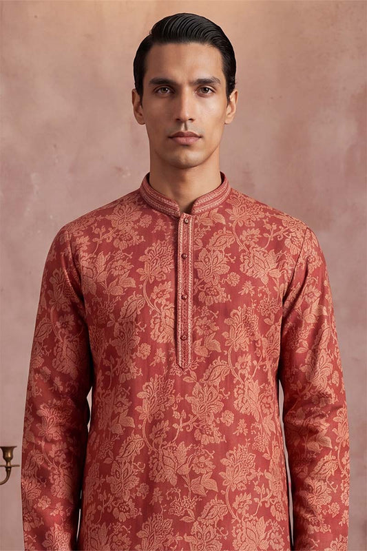 Ethnic Bay Mens Red Silk Blend Floral Printed Kurta MKU1979