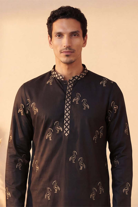Ethnic Bay Mens Black Silk Blend Solid Embroidered Kurta With Trousers MKSET1817