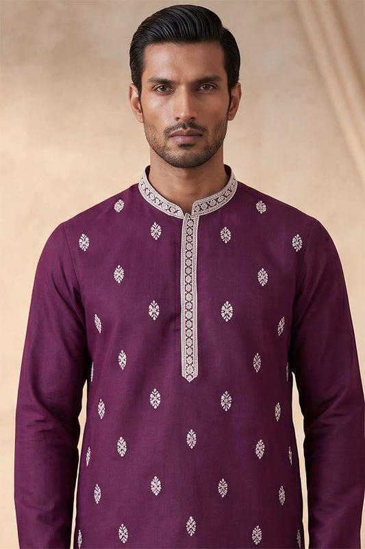 Ethnic Bay Silk Blend Purple Solid Embroidered Calf Length Straight Kurta With Trousers MKSET2272
