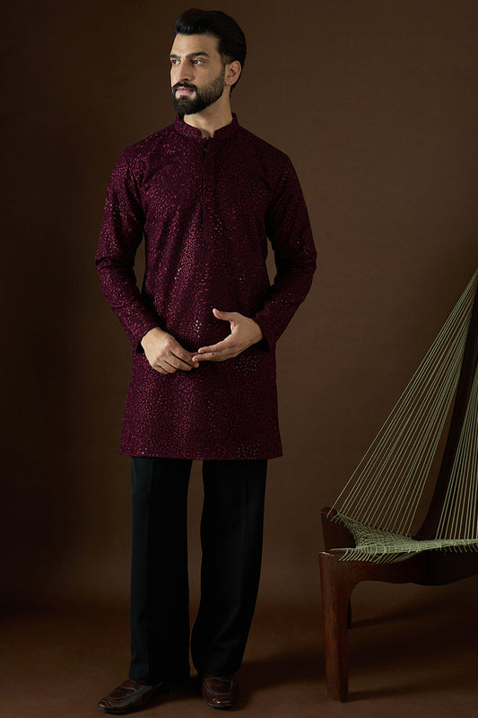 Wine Georgette Solid Embroidered Straight Kurta Sets MKSET1581