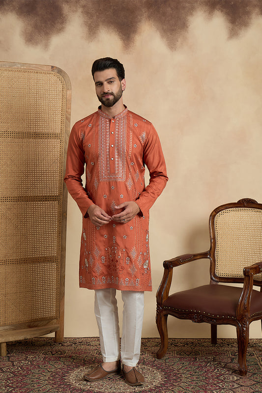 Ethnic Bay Mens Orange Silk Blend Solid Embroidered Straight Kurta MKU2524