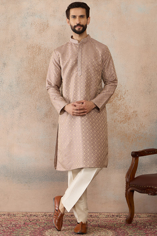 Ethnic Bay Mens Taupe Jacquard Ethnic Motifs Embroidered Kurta With Trouser MKSET2324