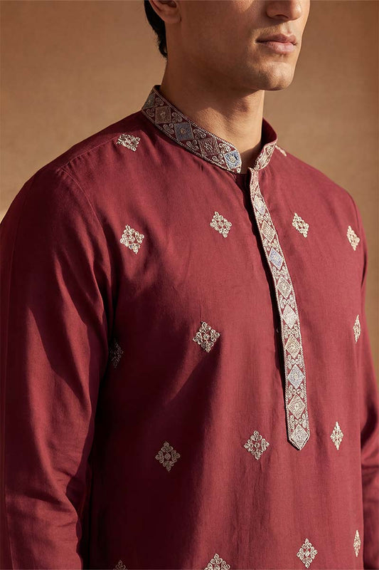 Ethnic Bay Silk Blend Maroon Solid Embroidered Calf Length Straight Kurta With Trousers MKSET2100
