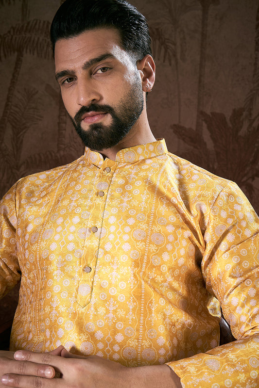 Yellow Silk Blend Floral Printed Straight Kurta MKU1948
