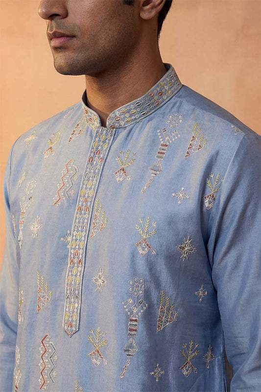 Ethnic Bay Silk Blend Blue Solid Embroidered Calf Length Straight Kurta MKU2141