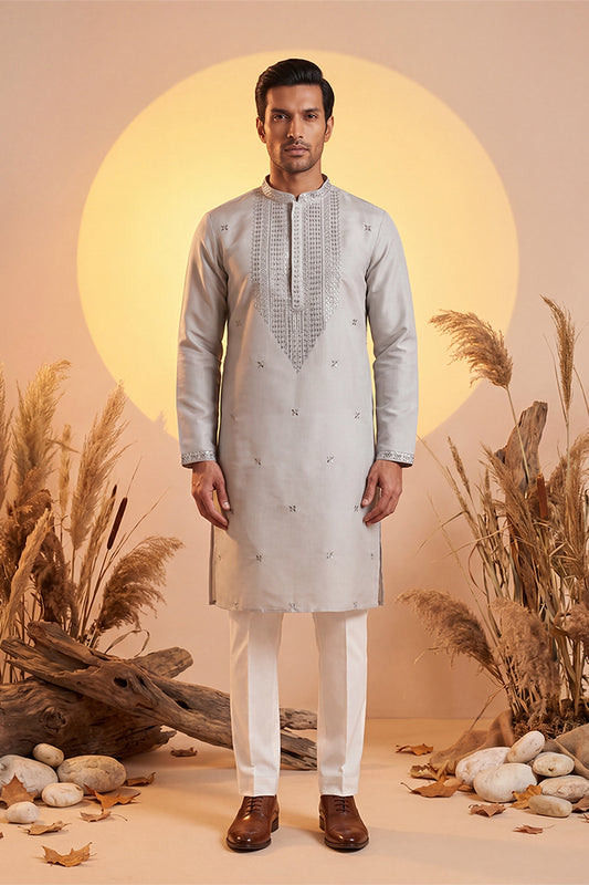 Ethnic Bay Mens Grey Silk Blend Solid Emboidered Sequins Kurta With Trouser MKSET2280