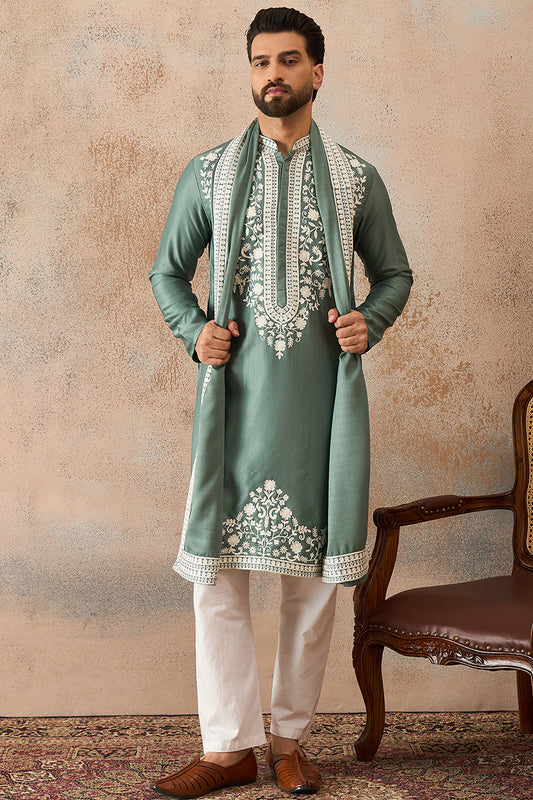 Ethnic Bay Mens Green Silk Blend Solid Embroidered Kurta Trouser With Dupatta MKPD1040
