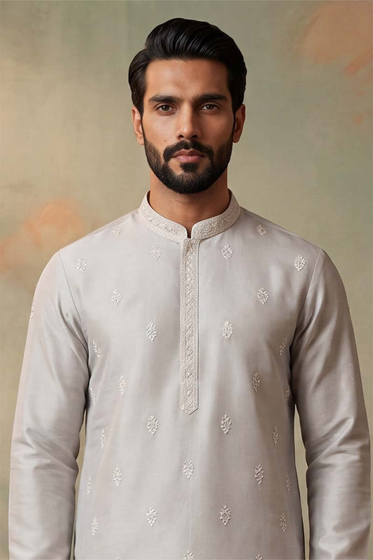 Ethnic Bay Silk Blend Silver Solid Embroidered Calf Length Straight Kurta MKU2273