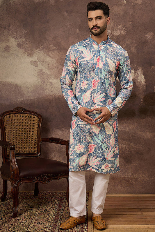Blue Viscose Rayon Floral Embroidered Straight Kurta with Trouser