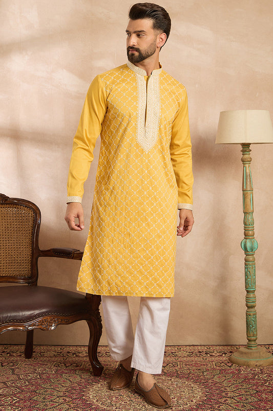 Yellow Silk Blend Solid Embroidered Straight Kurta With Trouser MKSET1691