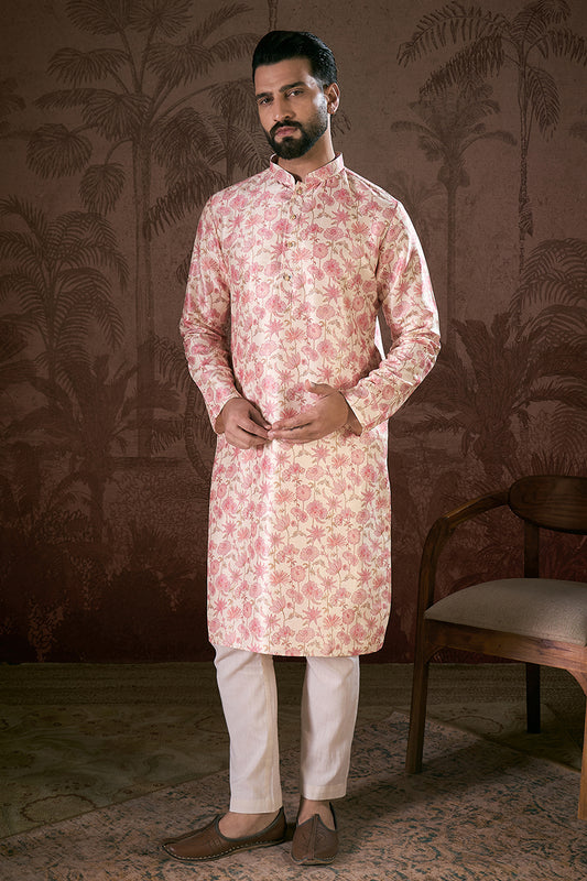 Off White Silk Blend Floral Printed Straight Kurta MKU1908