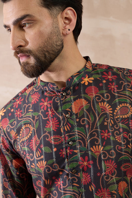 Black Silk Blend Embroidered Mandarin Collar Straight Kurta MKU2096