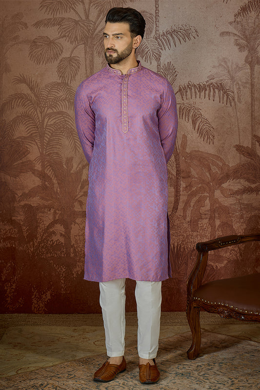 Ethnic Bay Mens Purple Jacquard Geometric Embroidered Kurta MKU2549