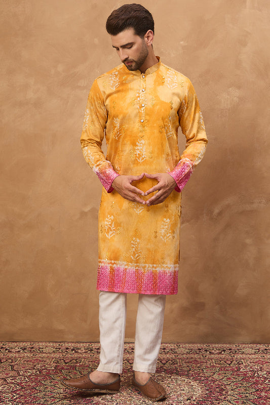 Yellow Silk Blend Batik Embroidered Straight Kurta MKU1513