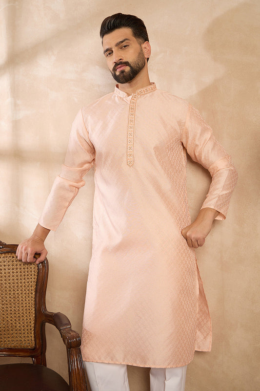 Peach Polyester Solid Embroidered Straight Kurta MKU1836