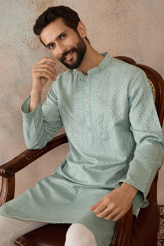 Ethnic Bay Mens Green Linen Blend Geometric Woven Design Kurta MKU2365