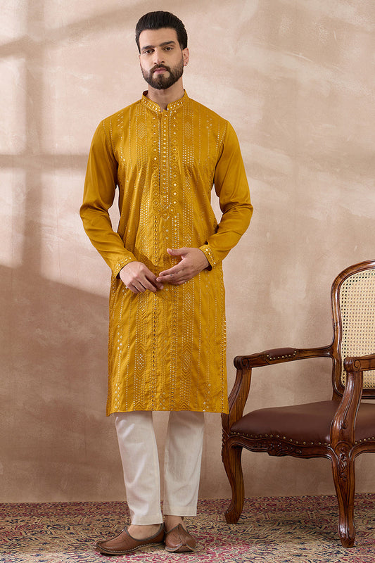 Mustard Silk Blend Embroidered Mandarin Collar Straight Kurta MKU1888