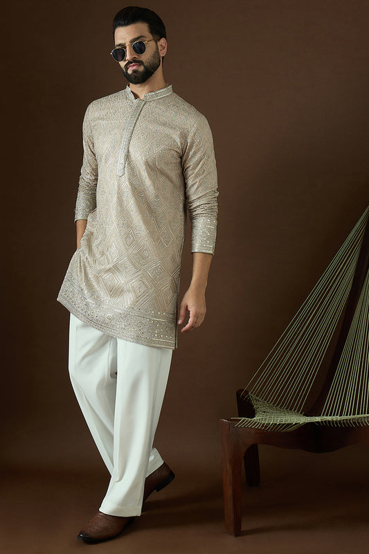 Beige Georgette Solid Embroidered Straight Kurta Sets MKSET1875
