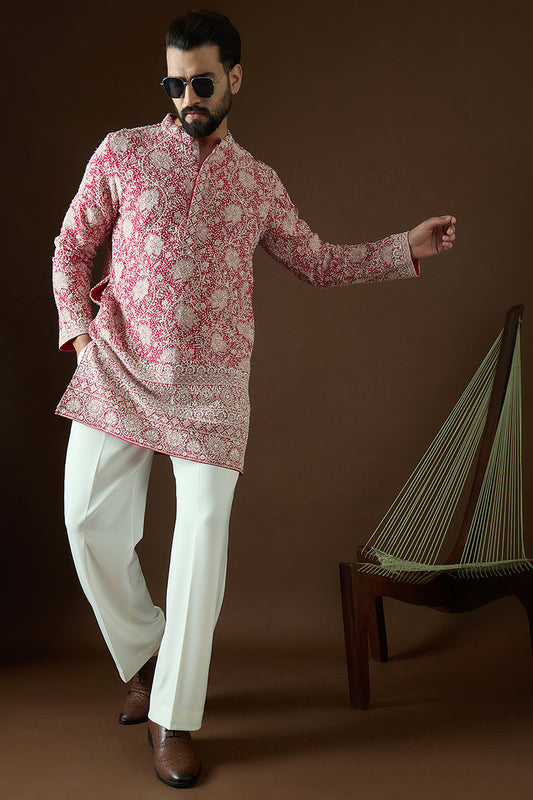 Pink Georgette Solid Embroidered Straight Kurta Sets MKSET1754