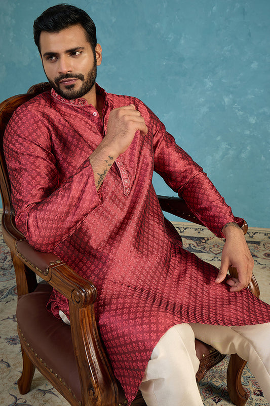 Ethnic Bay Mens Maroon Jacquard Woven Design Straight Kurta With Trouser MKSET2342