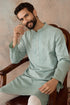 Ethnic Bay Mens Green Linen Blend Geometric Woven Design Kurta With Trouser MKSET2365