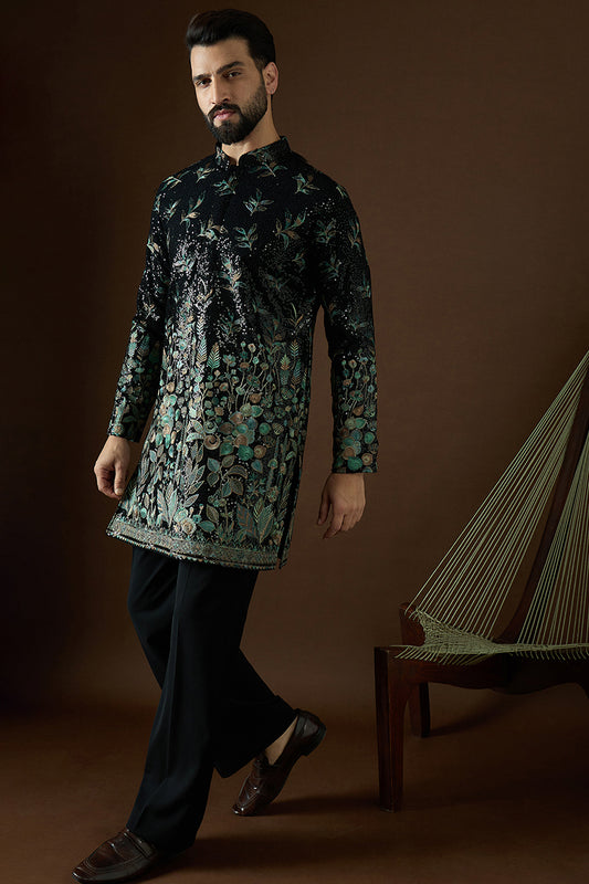 Black Silk Blend Solid Embroidered Straight Kurta Sets MKSET1876