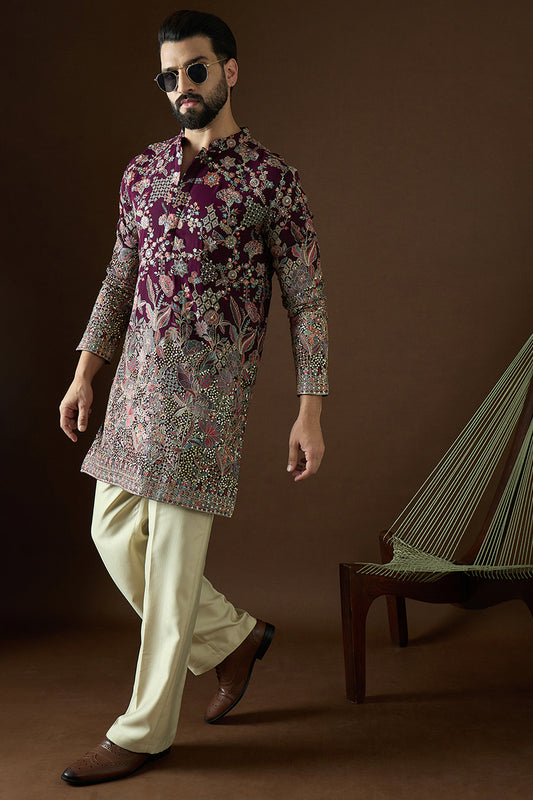 Wine Georgette Solid Embroidered Straight Kurta Sets MKSET1864
