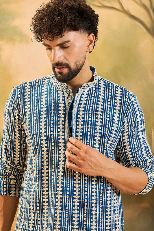 Ethnic Bay Blue Viscose Rayon Embroidered Straight Kurta With Trousers MKSET1412