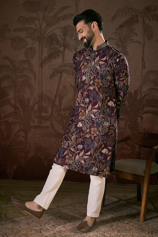 Purple Silk Blend Floral Printed Straight Kurta With Trouser MKSET1957