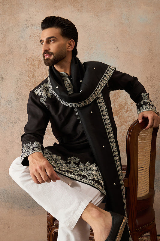 Ethnic Bay Mens Black Silk Blend Solid Embroidered Kurta & Trouser With Dupatta MKPD1012