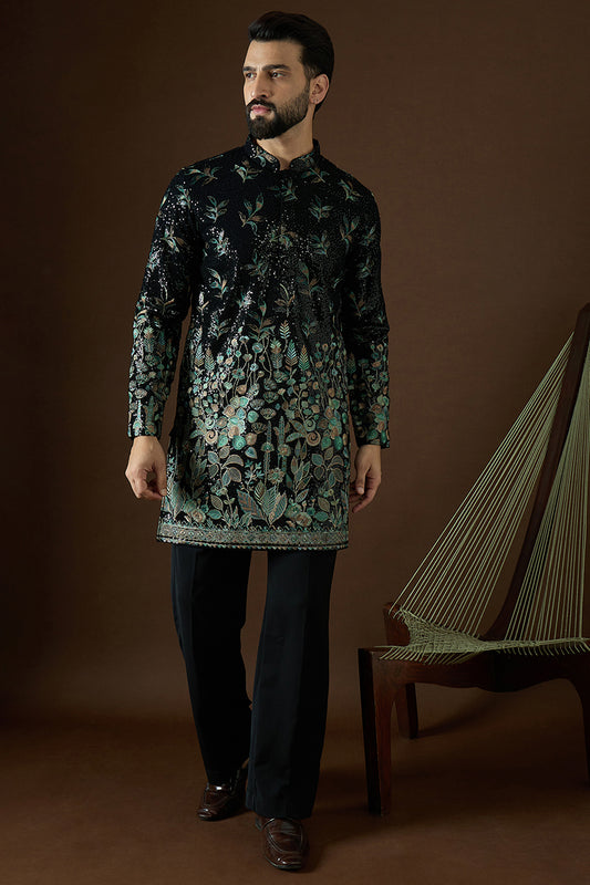 Black Silk Blend Solid Embroidered Straight Kurta Sets MKSET1876