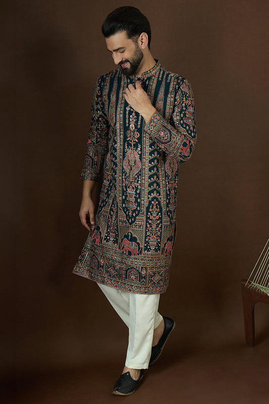 Teal Georgette Solid Embroidered Straight Kurta Sets MKSET1568