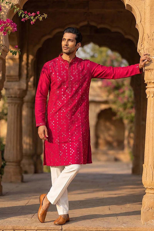 Ethnic Bay Mens Pink Silk Blend Solid Embroidered Kurta With Trousers MKSET2076