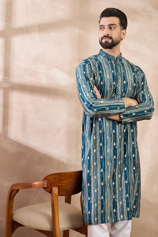 Turquoise Blue Silk Blend Abstract Printed Straight Kurta With Trouser MKSET2005