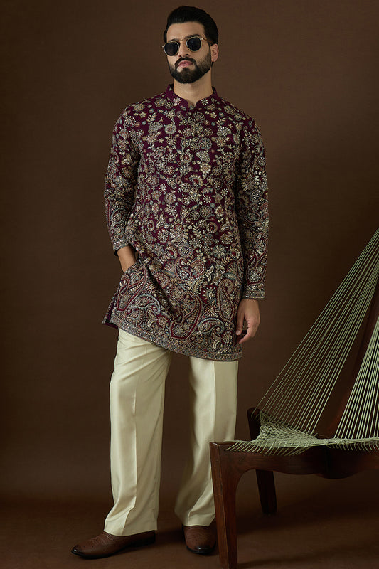 Wine Georgette Solid Embroidered Straight Kurta Sets MKSET1863