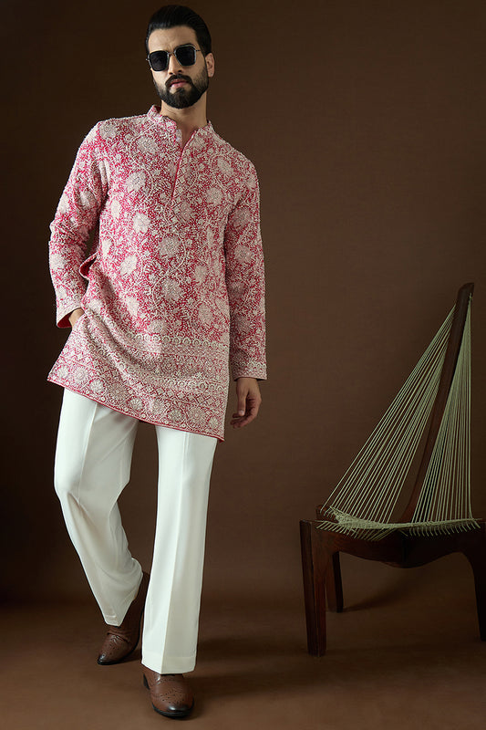 Pink Georgette Solid Embroidered Straight Kurta Sets MKSET1754