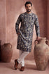 Ethnic Bay Mens Blue Viscose Rayon Floral Printed Kurta With Trousers MKSET1982