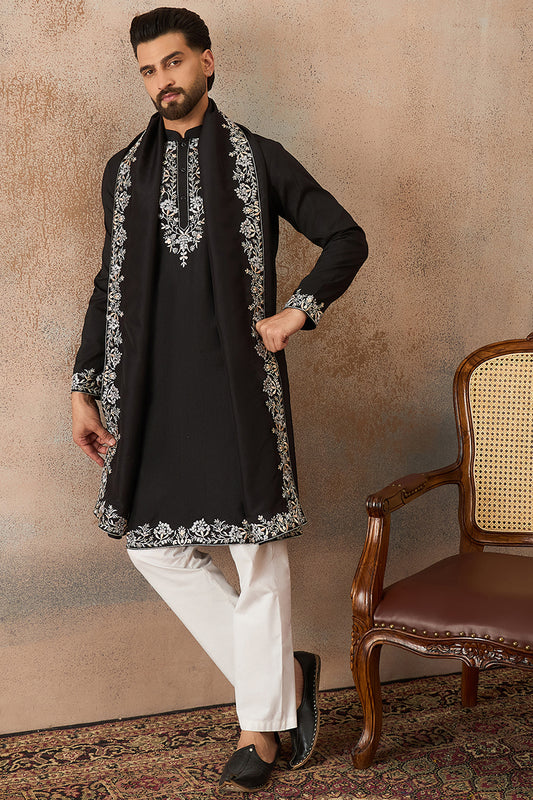 Ethnic Bay Mens Black Silk Blend Solid Embroidered Kurta With Dupatta MKUD1043
