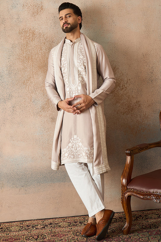 Ethnic Bay Mens Beige Silk Blend Solid Embroidered Kurta Trouser With Dupatta MKPD1042
