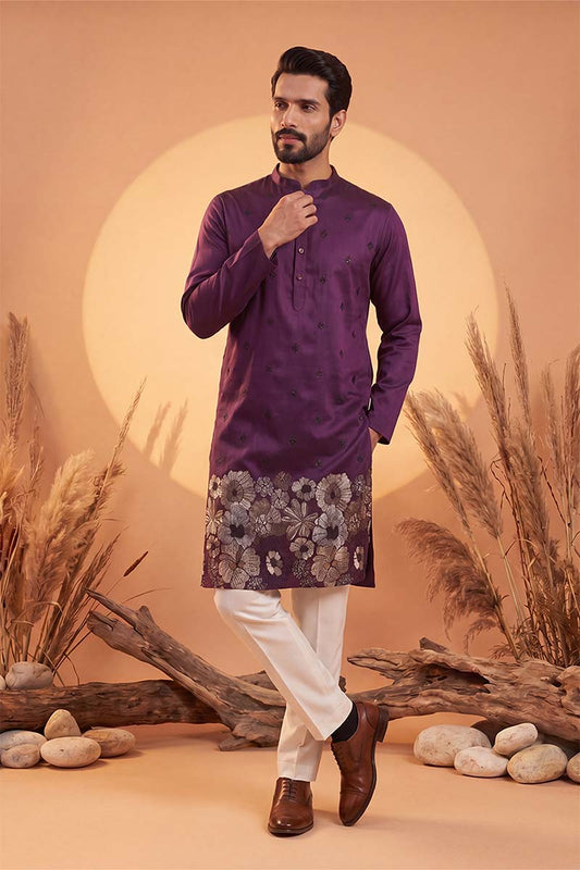 Ethnic Bay Mens Violet Silk Blend Solid Embroidered Kurta MKU2104