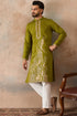 Ethnic Bay Mens Green Viscose Rayon Solid Emboidered Straight Kurta With Trouser MKSET2208