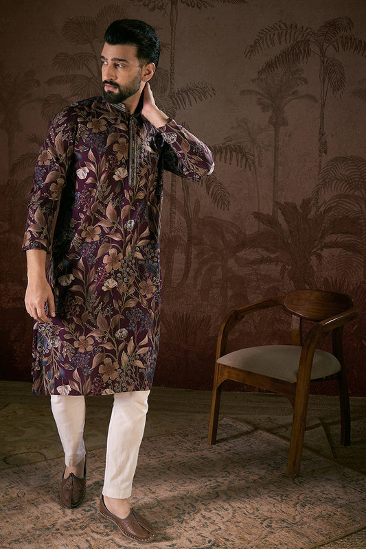 Purple Silk Blend Floral Printed Straight Kurta With Trouser MKSET1957