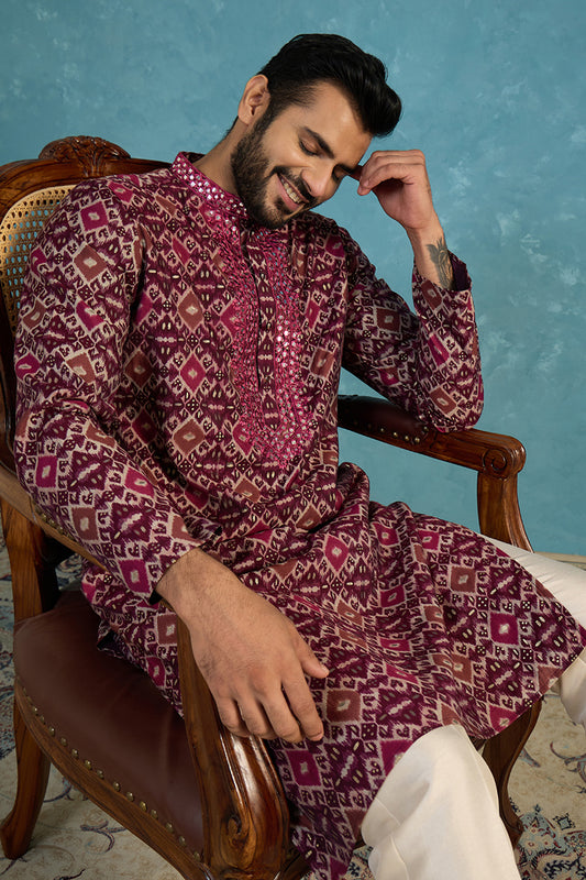 Ethnic Bay Mens Purple Silk Blend Ethnic Motifs Ikat Printed Kurta MKU1895