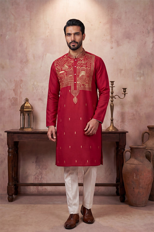Ethnic Bay Mens Red Silk Blend Solid Emboidered Straight Kurta With Trouser MKSET2375