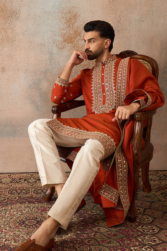 Ethnic Bay Mens Orange Silk Blend Solid Embroidered Kurta With Dupatta MKUD1028