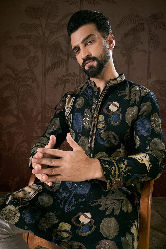 Black Silk Blend Floral Printed Straight Kurta With Trouser MKSET1960